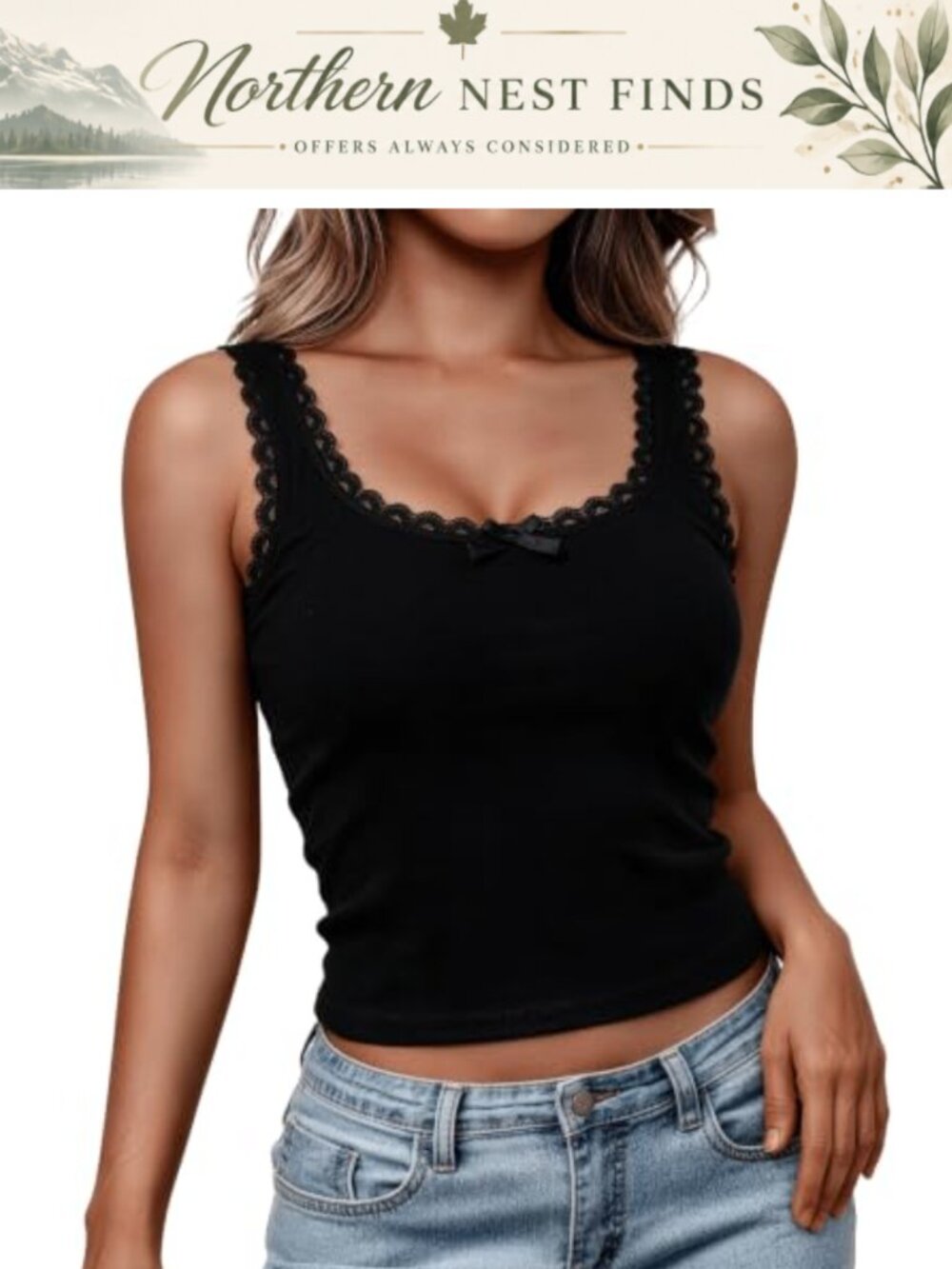 Women's Lace Trim Ribbed Tank Top Square Neck Wide Strap Cami Slim Fit Y2K